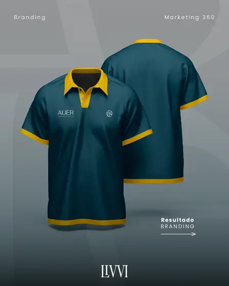 Camisa polo de uniforme da AUER Engenharia em azul com detalhes amarelos