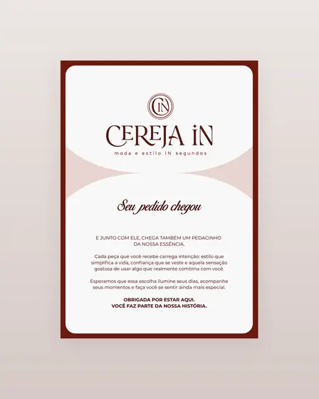 Cartão de boas-vindas da Cereja IN que acompanha o pedido