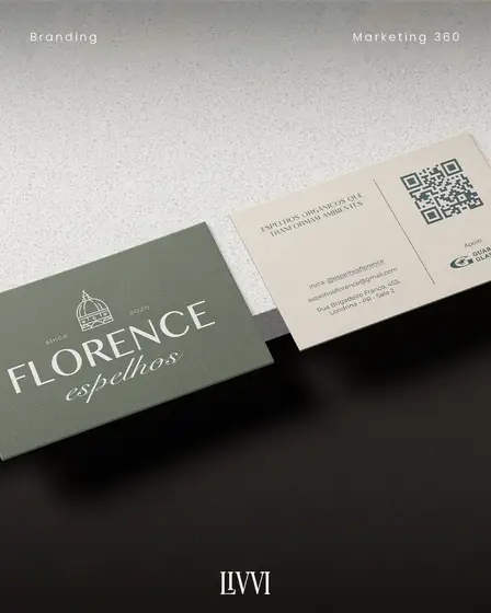 Cartão de visita da Florence Espelhos em verde e areia com a cúpula de Florença