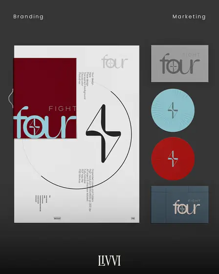Pôster, adesivos e sinalização com o sistema visual da Four Fight